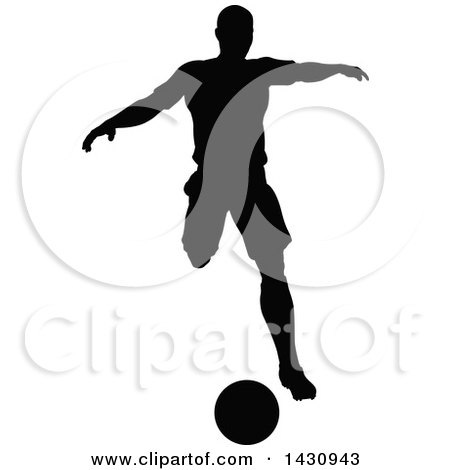 Clipart of a Black Silhouetted Male Soccer Player Kicking - Royalty Free Vector Illustration by AtStockIllustration