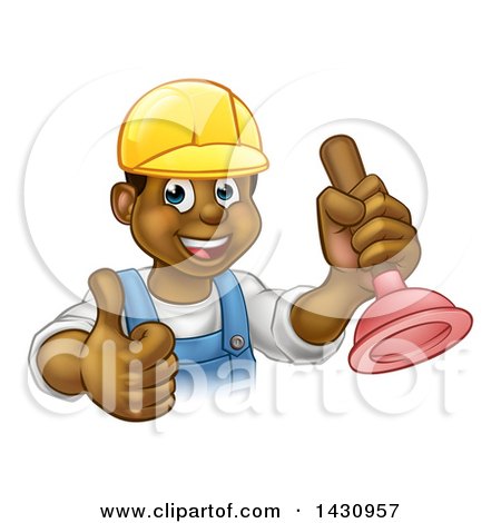 Clipart of a Cartoon Happy White Male Plumber Holding a Plunger and Giving a Thumb up - Royalty Free Vector Illustration by AtStockIllustration