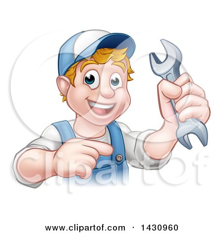 Clipart of a Cartoon Happy White Male Mechanic Holding up a Wrench and Pointing - Royalty Free Vector Illustration by AtStockIllustration