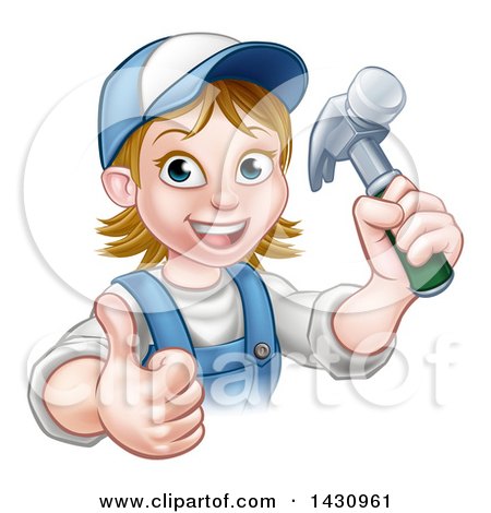 Clipart of a Cartoon Happy White Female Carpenter Holding a Hammer and Giving a Thumb up - Royalty Free Vector Illustration by AtStockIllustration