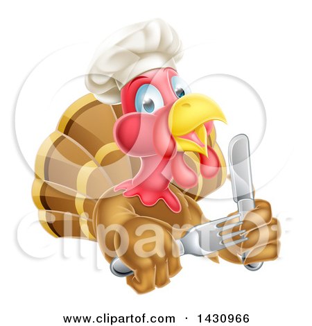 Clipart of a Thanksgiving Turkey Bird Wearing a Chef Hat and Holding Silverware, Upper Body Only - Royalty Free Vector Illustration by AtStockIllustration