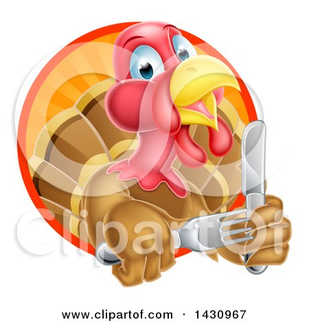Clipart of a Thanksgiving Turkey Bird Holding Silverware in a Sunset Circle - Royalty Free Vector Illustration by AtStockIllustration
