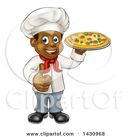 Clipart of a Cartoon Happy Black Male Chef Giving a Thumb up and Holding a Pizza - Royalty Free Vector Illustration by AtStockIllustration
