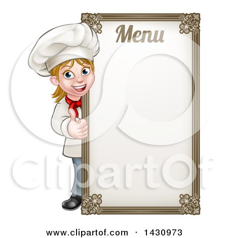 Clipart of a Happy Young Blond White Female Chef Giving a Thumb up Around a Menu Board - Royalty Free Vector Illustration by AtStockIllustration