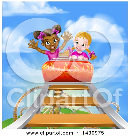 Clipart of Happy White and Black Girls at the Top of a Roller Coaster Ride, Against a Blue Sky with Clouds - Royalty Free Vector Illustration by AtStockIllustration