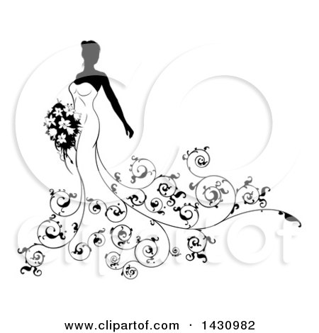Clipart of a Silhouetted Black and White Bride in a Wedding Gown, with Swirls - Royalty Free Vector Illustration by AtStockIllustration
