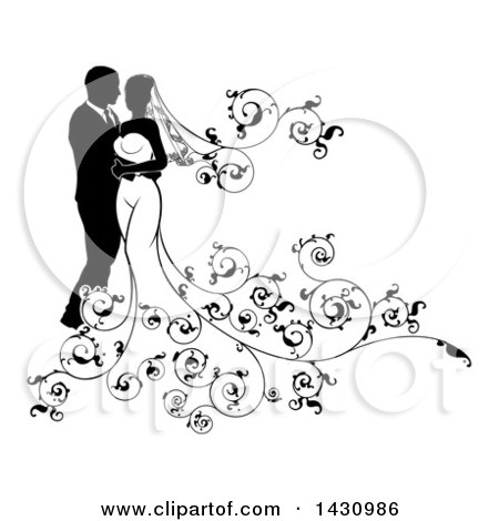Clipart of a Black and White Silhouetted Posing Bride and Groom - Royalty Free Vector Illustration by AtStockIllustration