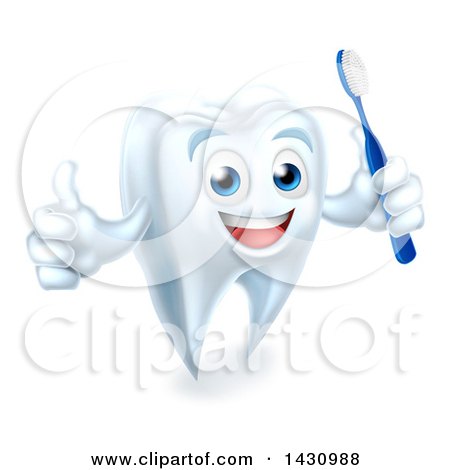 Clipart of a Happy White Tooth Mascot Holding a Toothbrush and Giving a Thumb up - Royalty Free Vector Illustration by AtStockIllustration
