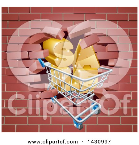 Clipart of a Shopping Cart and SALE Crashing Through a 3d Red Brick Wall - Royalty Free Vector Illustration by AtStockIllustration