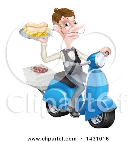 Clipart of a White Male Waiter with a Curling Mustache, Holding a Hot Dog and Fries on a Platter, Riding a Scooter, with Pizza Boxes - Royalty Free Vector Illustration by AtStockIllustration