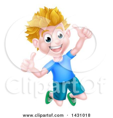 Clipart of a Cartoon Happy Excited Blond Caucasian Boy Jumping and Giving Two Thumbs up - Royalty Free Vector Illustration by AtStockIllustration