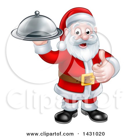 Clipart of a Christmas Santa Claus Holding a Cloche Platter and Giving a Thumb up - Royalty Free Vector Illustration by AtStockIllustration