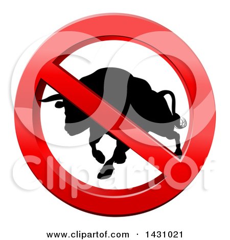 Clipart of a No Bull Black Silhouetted Bovine Charging in a Shiny Red Prohibited Symbol - Royalty Free Vector Illustration by AtStockIllustration