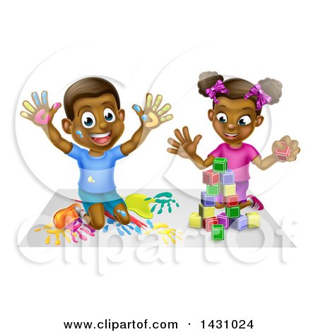 Clipart of a Cartoon Happy Black Boy and Girl Kneeling and Finger Painting and Playing with Blocks - Royalty Free Vector Illustration by AtStockIllustration