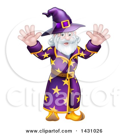 Clipart of a Happy Old Bearded Wizard Waving with Both Hands - Royalty Free Vector Illustration by AtStockIllustration