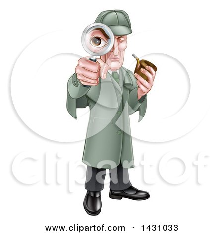 Clipart of a Cartoon Full Length Cartoon Caucasian Male Detective, like Sherlock Homes, Looking Through a Magnifying Glass and Holding a Pipe - Royalty Free Vector Illustration by AtStockIllustration