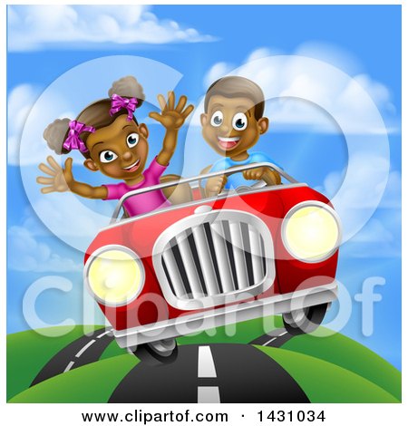 Clipart of a Happy Black Boy Driving a Girl in a Red Convertible Car, on a Country Road - Royalty Free Vector Illustration by AtStockIllustration