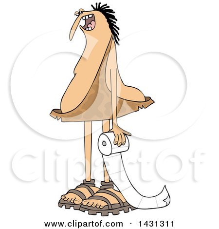 Clipart of a Cartoon Caveman Holding a Roll of Toilet Paper - Royalty Free Vector Illustration by djart