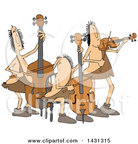 Clipart of a Cartoon Caveman Orchestra with a Double Bass, Cello and Violin - Royalty Free Vector Illustration by djart