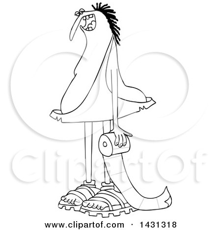 Clipart of a Cartoon Black and White Lineart Caveman Holding a Roll of Toilet Paper - Royalty Free Vector Illustration by djart