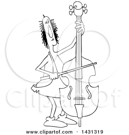 Clipart of a Cartoon Black and White Lineart Caveman Musician Playing a Double Bass - Royalty Free Vector Illustration by djart