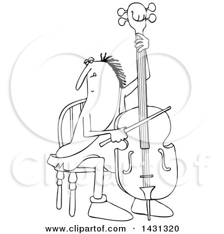 Clipart of a Cartoon Black and White Lineart Caveman Musician Playing a Cello - Royalty Free Vector Illustration by djart