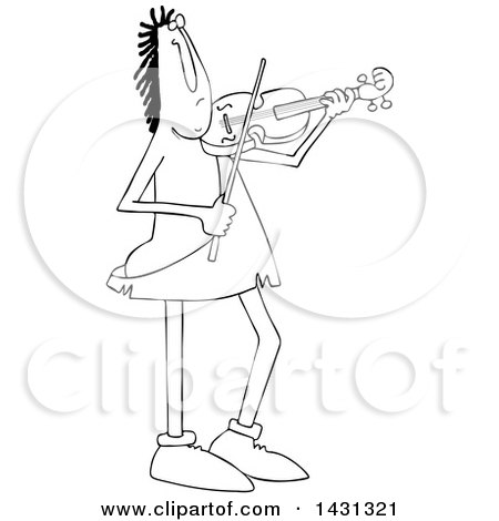 Clipart of a Cartoon Black and White Lineart Caveman Musician Playing a Violin or Viola - Royalty Free Vector Illustration by djart
