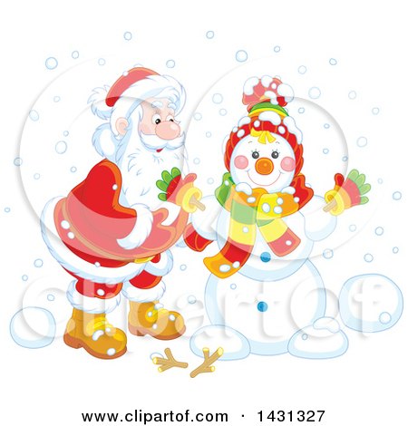 Clipart of a Happy Santa Putting Together a Winter Snowman - Royalty Free Vector Illustration by Alex Bannykh