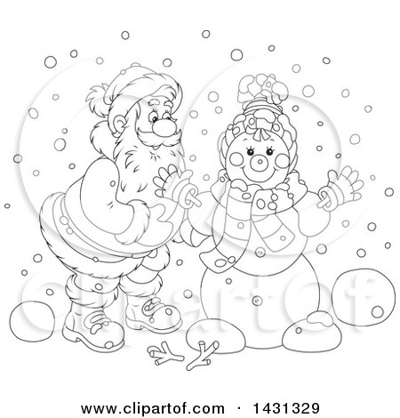 Clipart of a Cartoon Black and White Happy Santa Claus Putting Together a Winter Snowman - Royalty Free Vector Illustration by Alex Bannykh