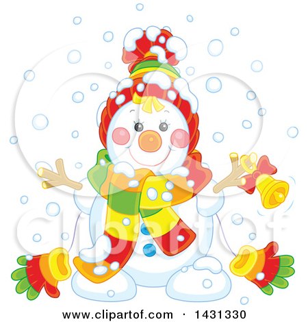 Clipart of a Happy Snowman with a Bell - Royalty Free Vector Illustration by Alex Bannykh
