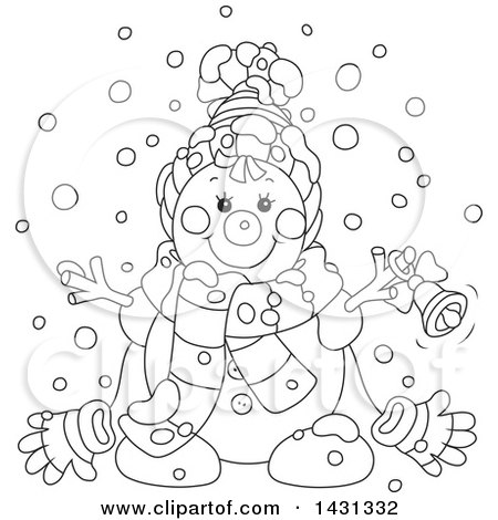 Clipart of a Cartoon Black and White Happy Winter Snowman with a Bell - Royalty Free Vector Illustration by Alex Bannykh