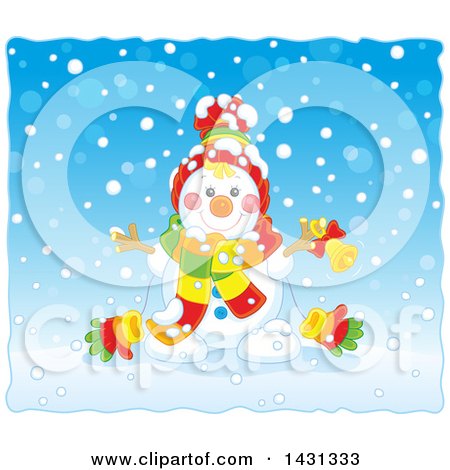 Clipart of a Happy Winter Snowman with a Bell in the Snow - Royalty Free Vector Illustration by Alex Bannykh