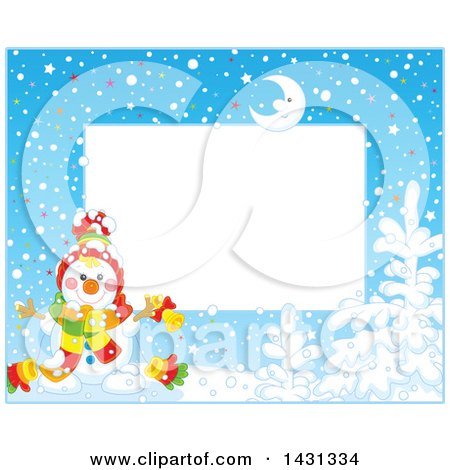 Clipart of a Horizontal Frame of a Happy Winter Snowman with a Bell - Royalty Free Vector Illustration by Alex Bannykh