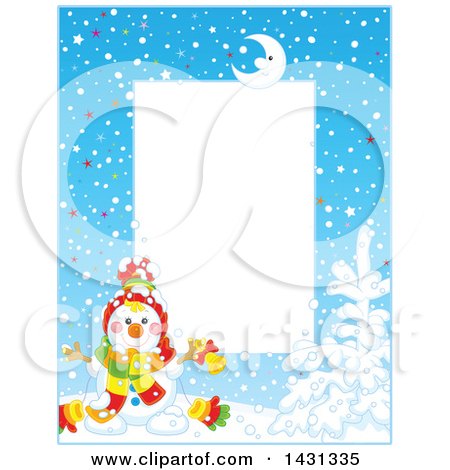 Clipart of a Vertical Frame of a Happy Winter Snowman with a Bell - Royalty Free Vector Illustration by Alex Bannykh