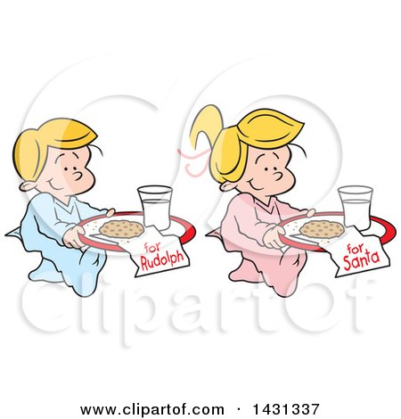 Clipart of Cartoon Happy Blond Caucasian Children Carrying Cookies and Milk for Rudolph and Santa - Royalty Free Vector Illustration by Johnny Sajem