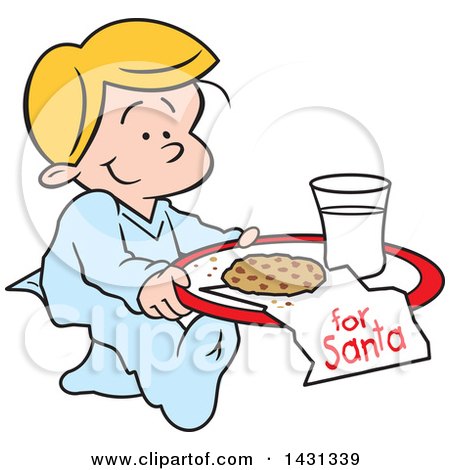 Clipart of a Cartoon Happy Blond Caucasian Boy Carrying a Cookie and Glass of Milk for Santa - Royalty Free Vector Illustration by Johnny Sajem