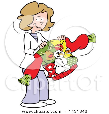 Clipart of a Cartoon Happy Festive Caucasian Woman Holding an Ugly Christmas Sweater - Royalty Free Vector Illustration by Johnny Sajem