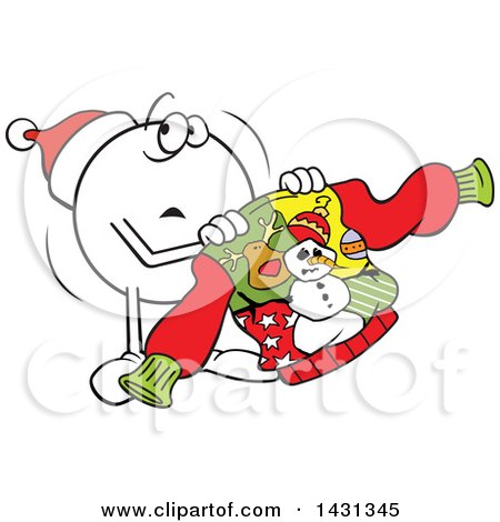 Clipart of a Cartoon Unahppy Moodie Character Emoticon Holding an Ugly Christmas Sweater - Royalty Free Vector Illustration by Johnny Sajem