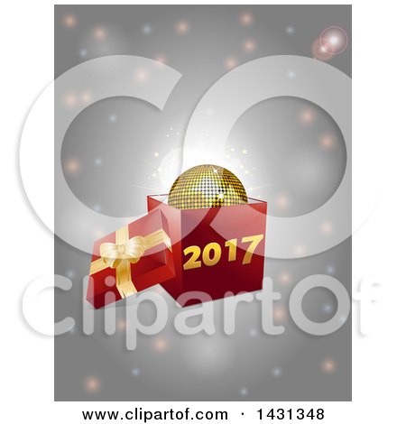 Clipart of a 3d Open Gift Box with a Gold Disco Ball and New Year 2017 over Flares - Royalty Free Vector Illustration by elaineitalia