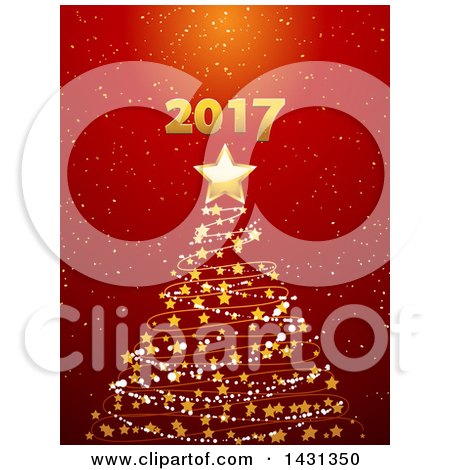 Clipart of a Gold Star and Spiral Christmas Tree with New Year 2017 over Red - Royalty Free Vector Illustration by elaineitalia