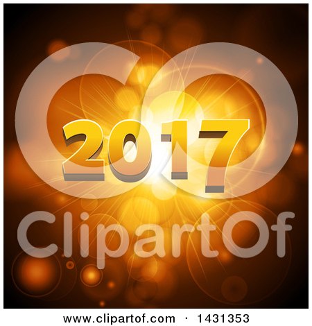 Clipart of a 3d Gold New Year 2017 over Golden Flares - Royalty Free Vector Illustration by elaineitalia