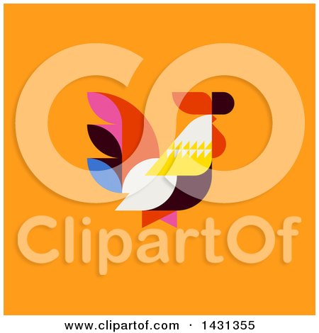 Clipart of a Colorful Patchwork Style Rooster on an Orange Background - Royalty Free Vector Illustration by elena