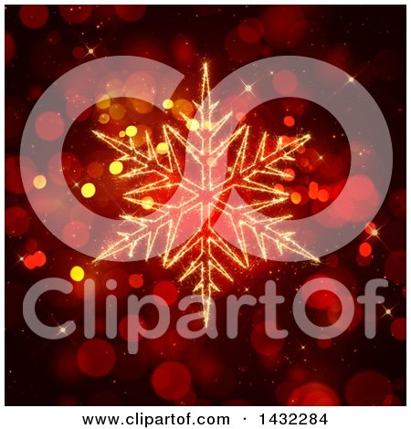 Clipart of a Sparkly Illuminated Golden Snowflake over Red Bokeh Flares - Royalty Free Illustration by KJ Pargeter