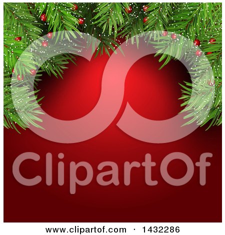 Clipart of a Red Christmas Background with Fir Tree Branches, Snow and Berries - Royalty Free Vector Illustration by KJ Pargeter