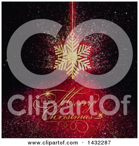 Clipart of a Golden Glittery Snowflake Hanging over a Merry Christmas Greeting - Royalty Free Illustration by KJ Pargeter