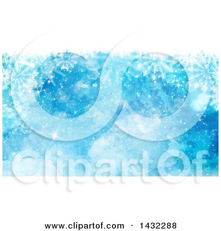 Clipart of a Blue Watercolor Snowflake and Flare Winter Background - Royalty Free Illustration by KJ Pargeter