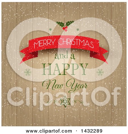 Clipart of a Merry Christmas and a Happy New Year Greeting with Holly, Snowflakes and Stars on Wood - Royalty Free Vector Illustration by KJ Pargeter