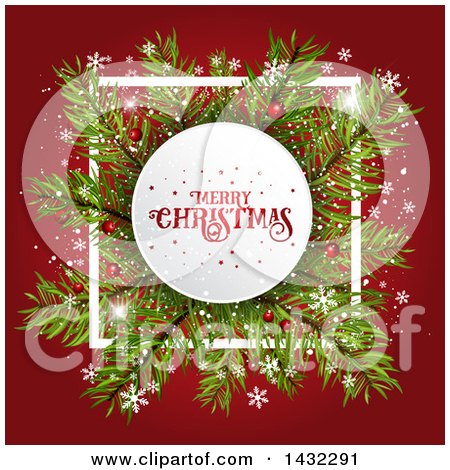 Clipart of a Merry Christmas Greeting in a White Circle over Branches, with Snowflakes on Red - Royalty Free Vector Illustration by KJ Pargeter