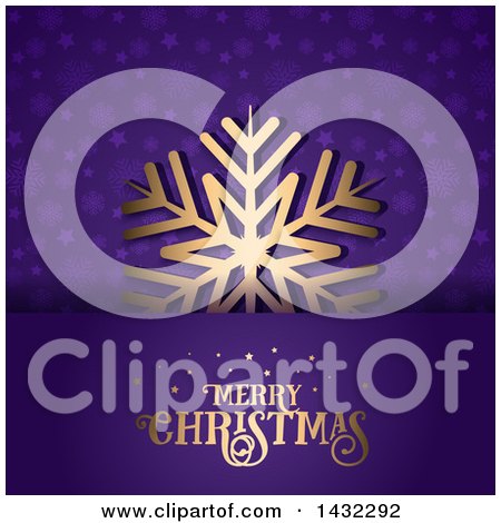 Clipart of a Golden Snowflake and Merry Christmas Greetingon Purple - Royalty Free Vector Illustration by KJ Pargeter