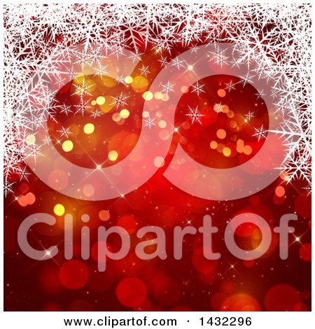 Clipart of a Red Christmas Background with Bokeh Flares with White Snowflakes - Royalty Free Illustration by KJ Pargeter